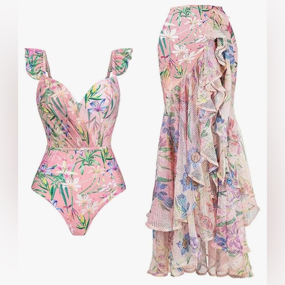 Other - New- Floral Pink Swimsuit and Cover-Up Set